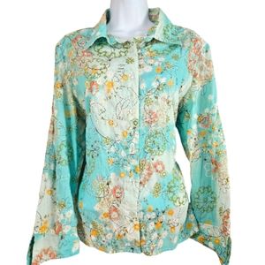 Morgan Cole blue & pink floral embroidered blouse top Womens Large